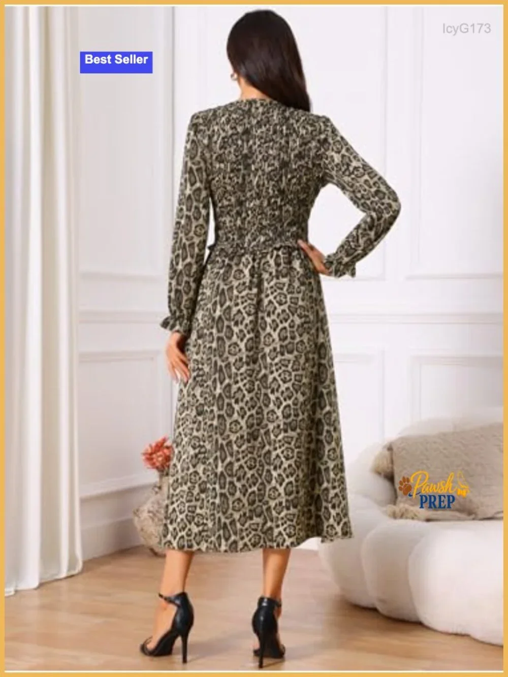 Long Sleeve Tie Neck A-Line Leopard Print Flowy Midi Dress with Pockets